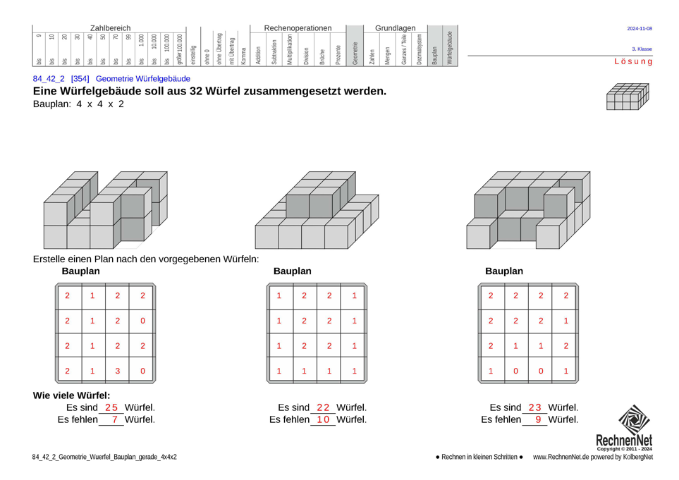 Lösung: 84_42_2 Geometrie Würfel Bauplan gerade 4x4x2