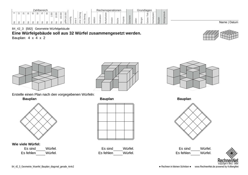 84_42_3 Geometrie Würfel Bauplan diagonal gerade 4x4x2