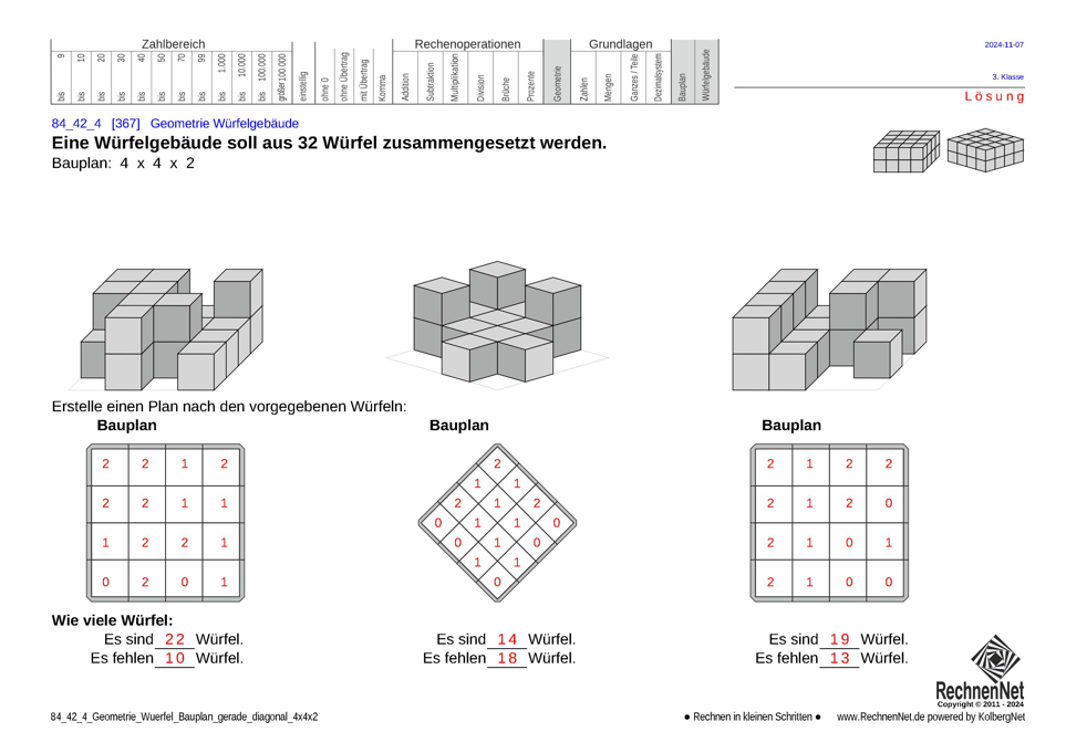 Lösung: 84_42_4 Geometrie Würfel Bauplan gerade diagonal 4x4x2