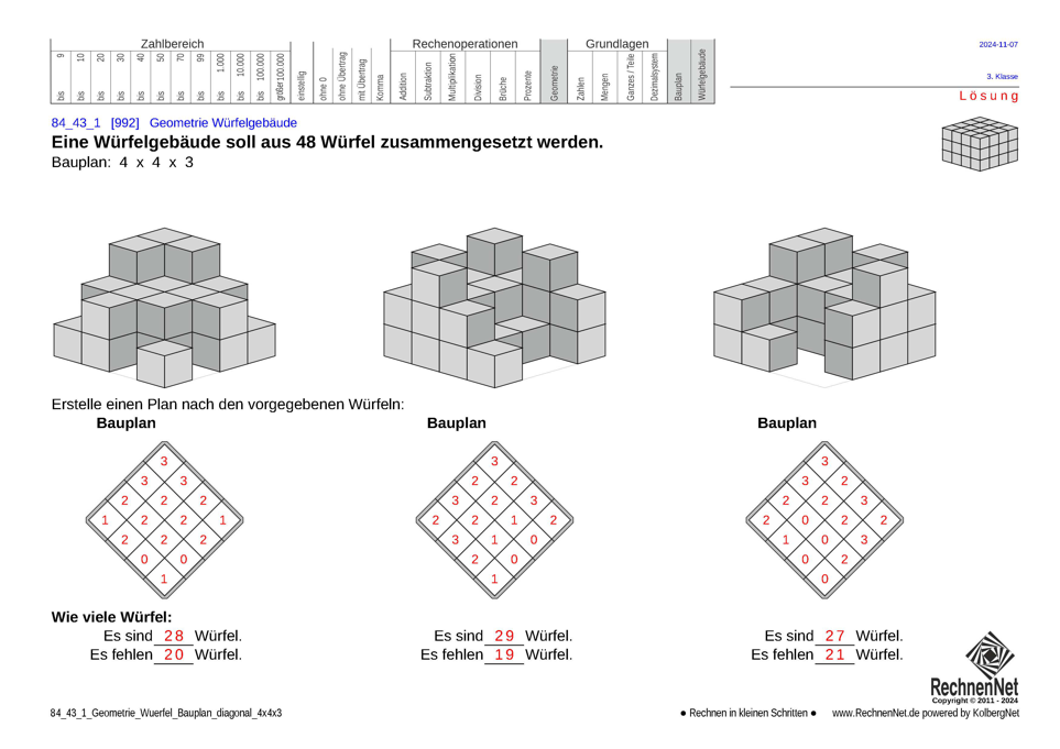 Lösung: 84_43_1 Geometrie Würfel Bauplan diagonal 4x4x3