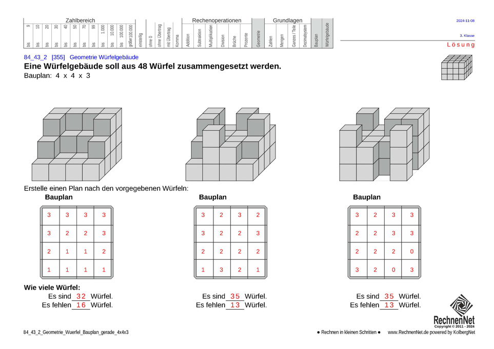 Lösung: 84_43_2 Geometrie Würfel Bauplan gerade 4x4x3
