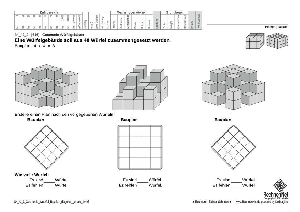 84_43_3 Geometrie Würfel Bauplan diagonal gerade 4x4x3