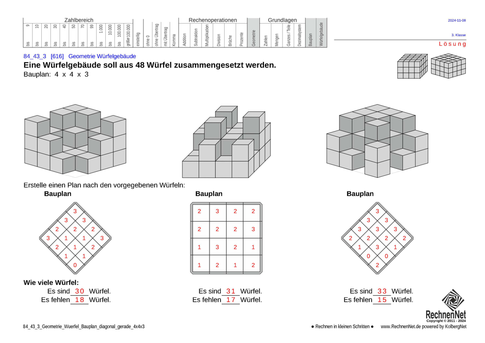 Lösung: 84_43_3 Geometrie Würfel Bauplan diagonal gerade 4x4x3