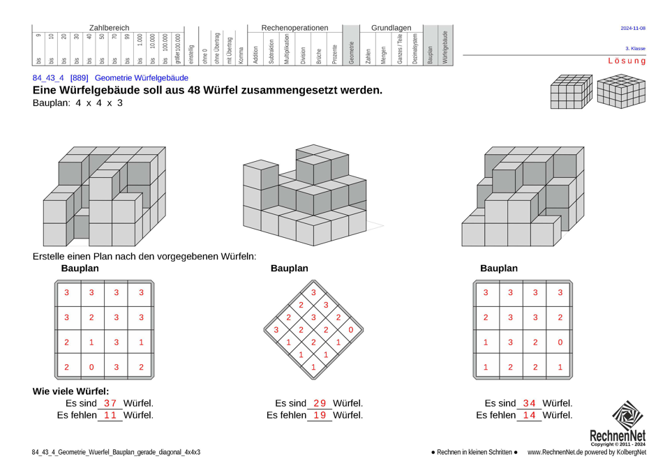 Lösung: 84_43_4 Geometrie Würfel Bauplan gerade diagonal 4x4x3