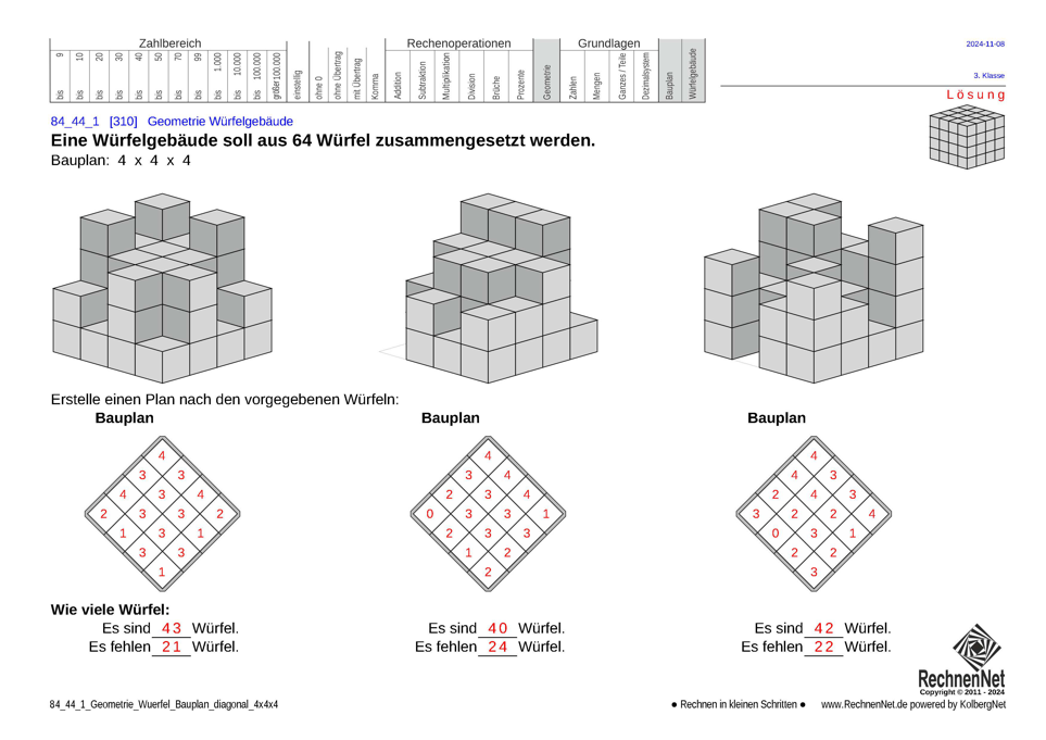 Lösung: 84_44_1 Geometrie Würfel Bauplan diagonal 4x4x4