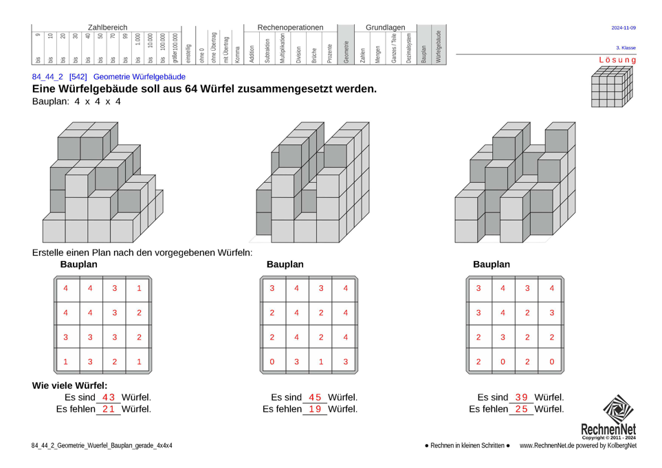 Lösung: 84_44_2 Geometrie Würfel Bauplan gerade 4x4x4