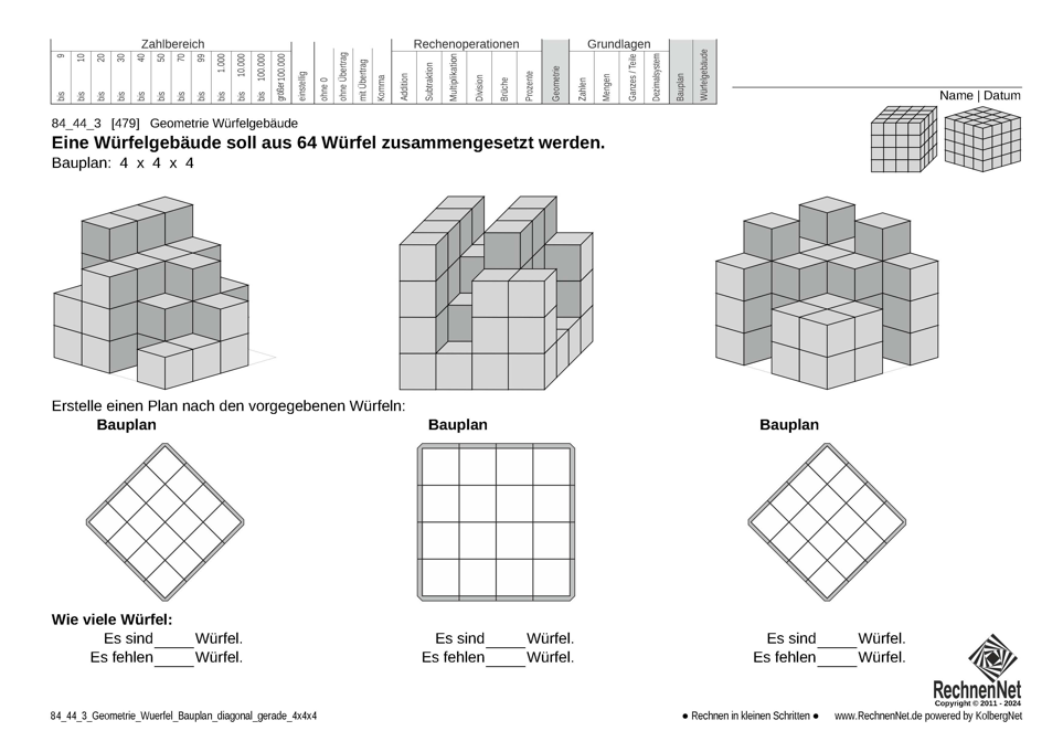 84_44_3 Geometrie Würfel Bauplan diagonal gerade 4x4x4