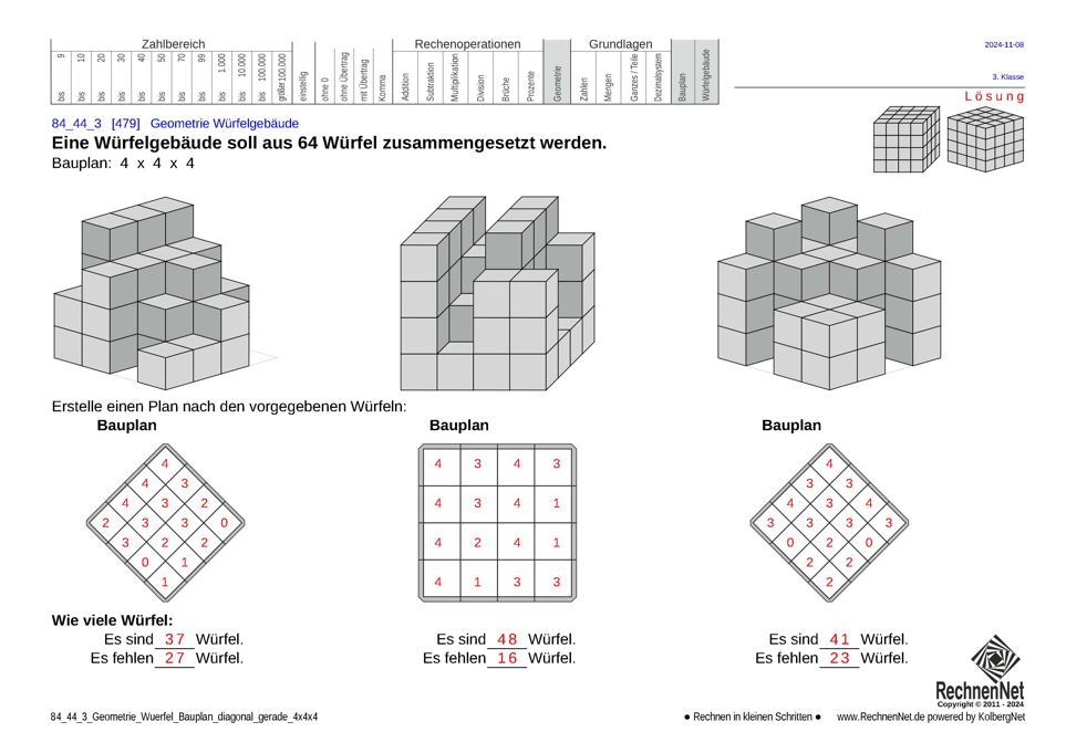 Lösung: 84_44_3 Geometrie Würfel Bauplan diagonal gerade 4x4x4