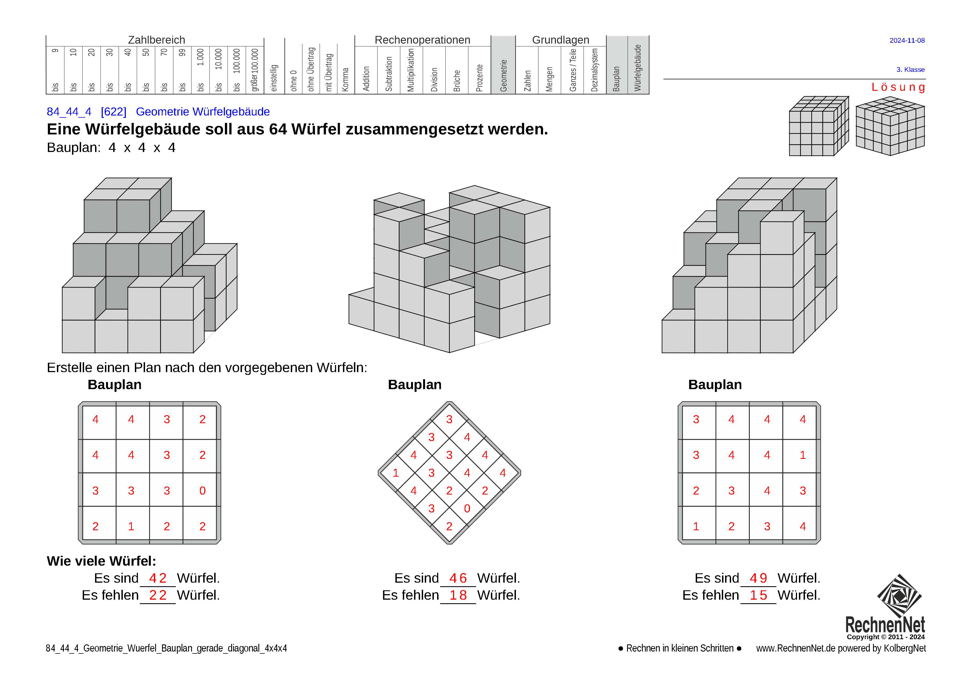 Lösung: 84_44_4 Geometrie Würfel Bauplan gerade diagonal 4x4x4