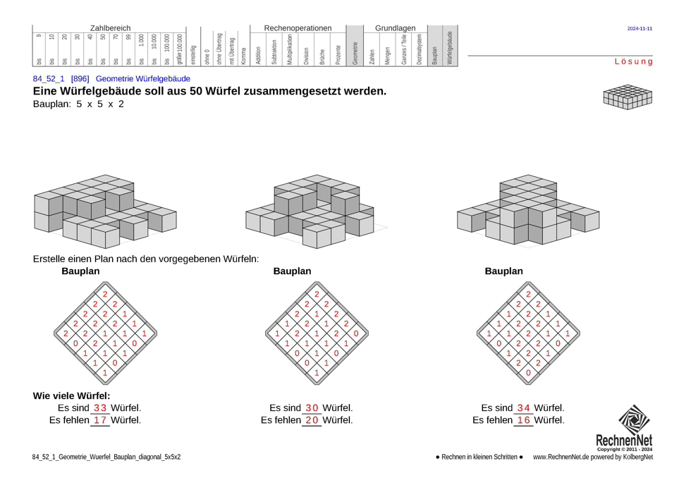 Lösung: 84_52_1 Geometrie Würfel Bauplan diagonal 5x5x2
