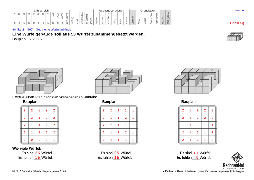 Lösung: 84_52_2 Geometrie Würfel Bauplan gerade 5x5x2