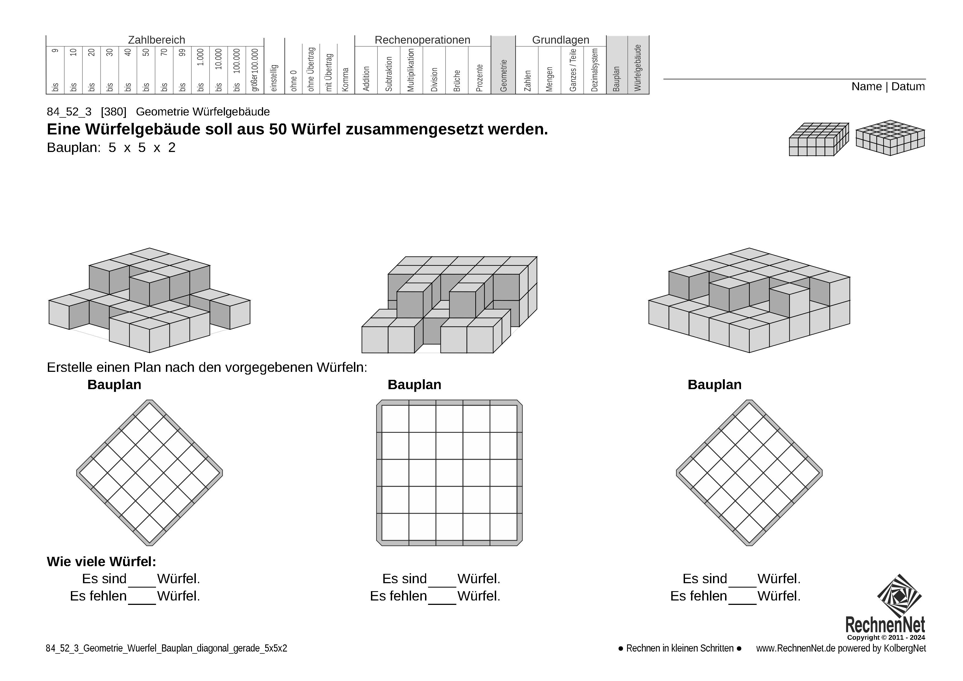 84_52_3 Geometrie Würfel Bauplan diagonal gerade 5x5x2