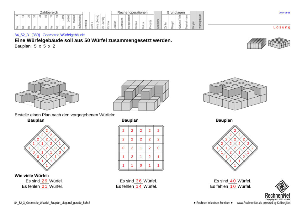 Lösung: 84_52_3 Geometrie Würfel Bauplan diagonal gerade 5x5x2