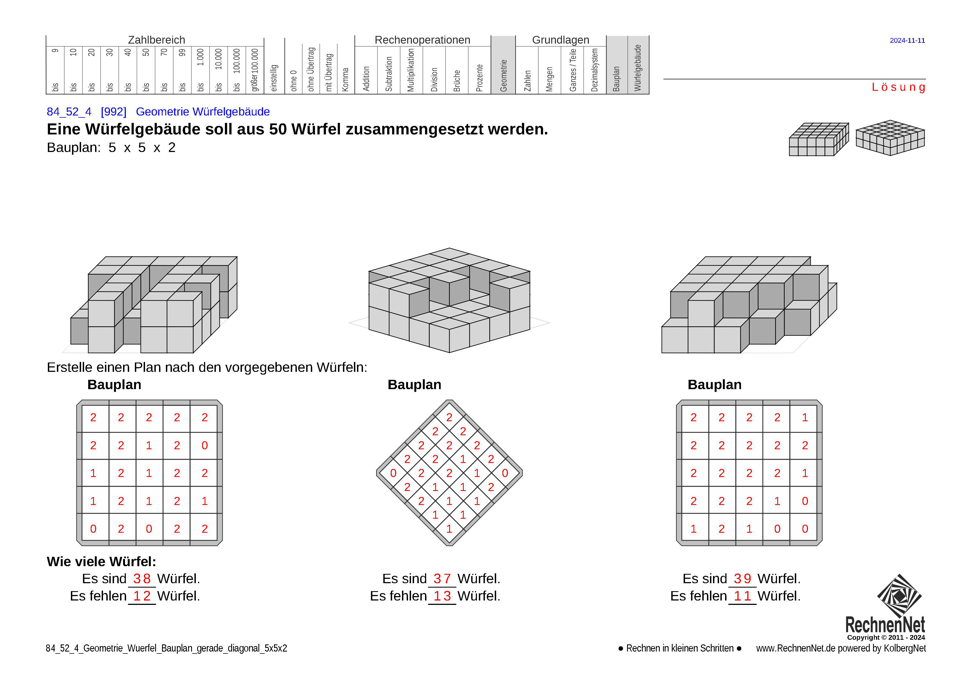 Lösung: 84_52_4 Geometrie Würfel Bauplan gerade diagonal 5x5x2
