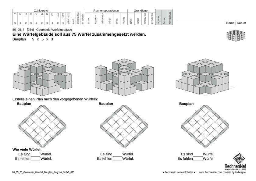 80_53_1 Geometrie Würfel Bauplan diagonal 5x5x3 075