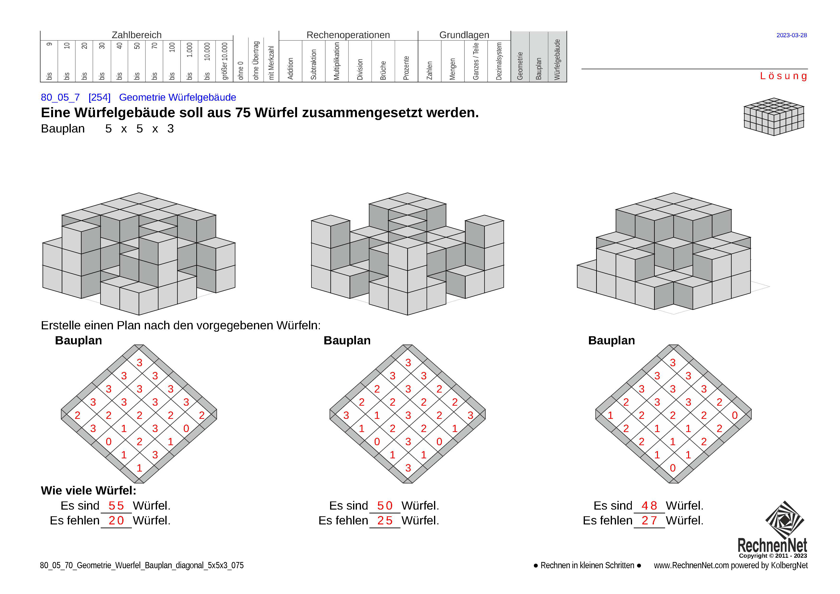 Lösung: 80_53_1 Geometrie Würfel Bauplan diagonal 5x5x3 075