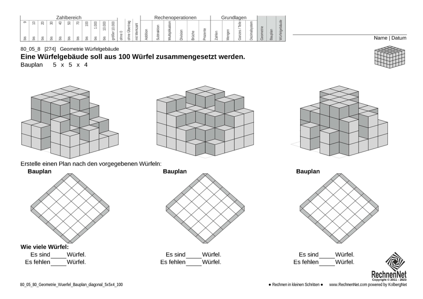 80_54_1 Geometrie Würfel Bauplan diagonal 5x5x4 100