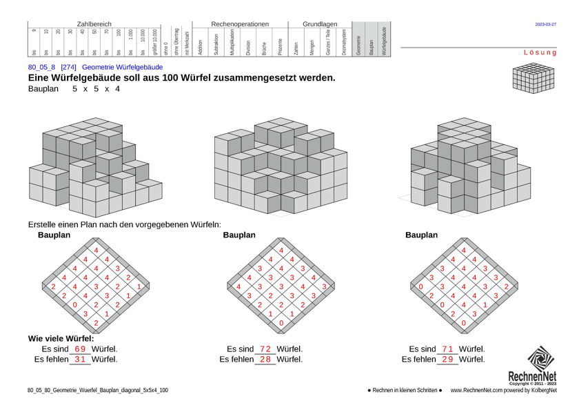 Lösung: 80_54_1 Geometrie Würfel Bauplan diagonal 5x5x4 100
