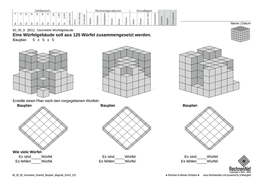 80_55_1 Geometrie Würfel Bauplan diagonal 5x5x5 125