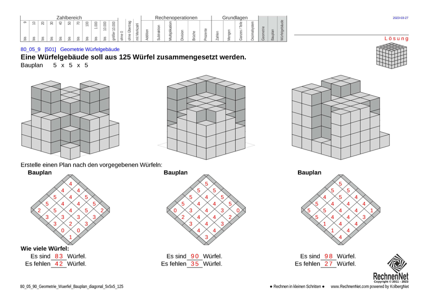 Lösung: 80_55_1 Geometrie Würfel Bauplan diagonal 5x5x5 125