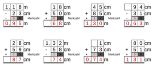 12_65 Addition Subtraktion Merkzahl Komma m-cm zweistellig